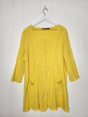 Gudrun Sjoden Yellow Cotton Gauze Long Sleeve Tunic Top Size XL